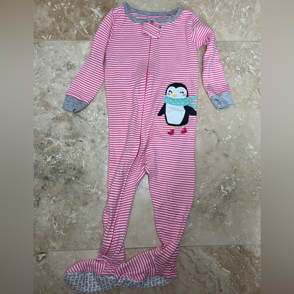 Carter's Pink and White Striped Footie with Penguin